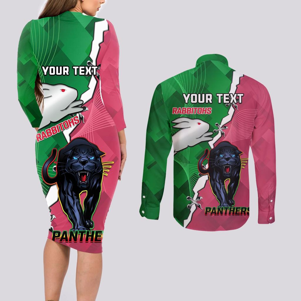 Personalised Panthers And Rabbitohs Rugby Couples Matching Long Sleeve Bodycon Dress and Long Sleeve Button Shirt 2024 Souths The Riff Together