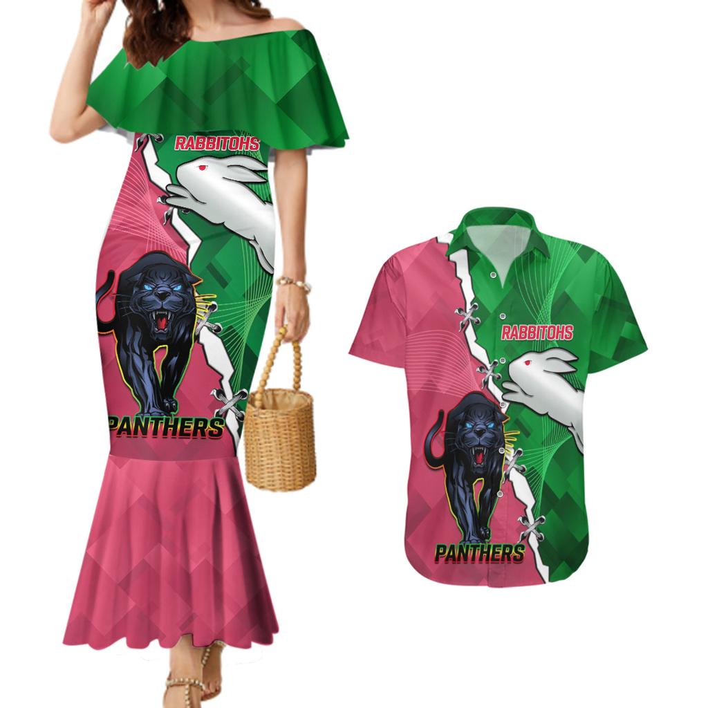 Personalised Panthers And Rabbitohs Rugby Couples Matching Mermaid Dress and Hawaiian Shirt 2024 Souths The Riff Together