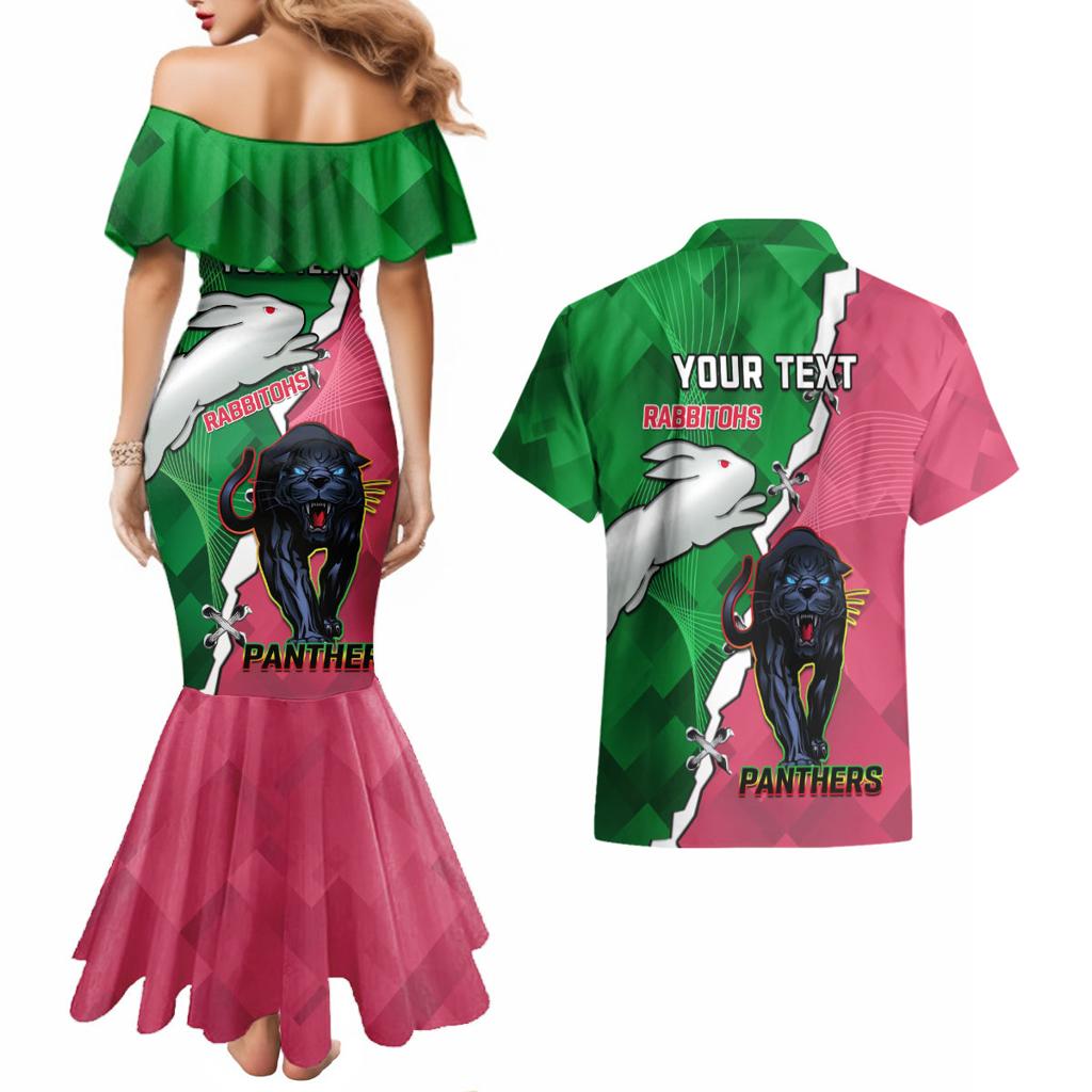 Personalised Panthers And Rabbitohs Rugby Couples Matching Mermaid Dress and Hawaiian Shirt 2024 Souths The Riff Together