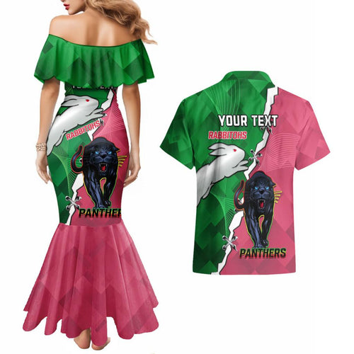 Personalised Panthers And Rabbitohs Rugby Couples Matching Mermaid Dress and Hawaiian Shirt 2024 Souths The Riff Together