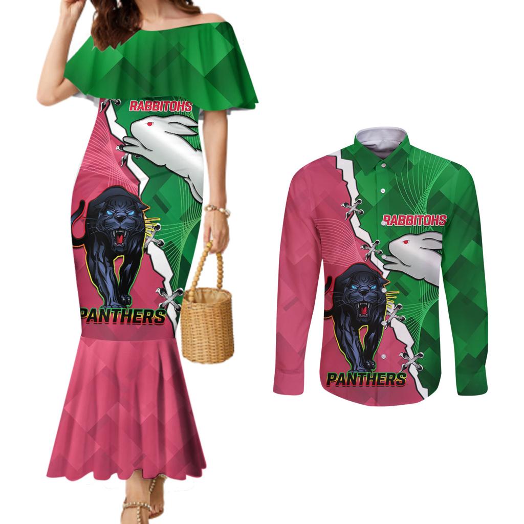Personalised Panthers And Rabbitohs Rugby Couples Matching Mermaid Dress and Long Sleeve Button Shirt 2024 Souths The Riff Together