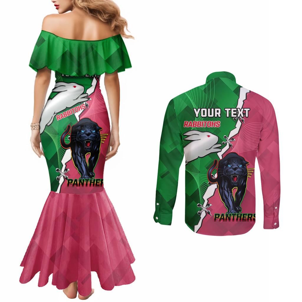 Personalised Panthers And Rabbitohs Rugby Couples Matching Mermaid Dress and Long Sleeve Button Shirt 2024 Souths The Riff Together