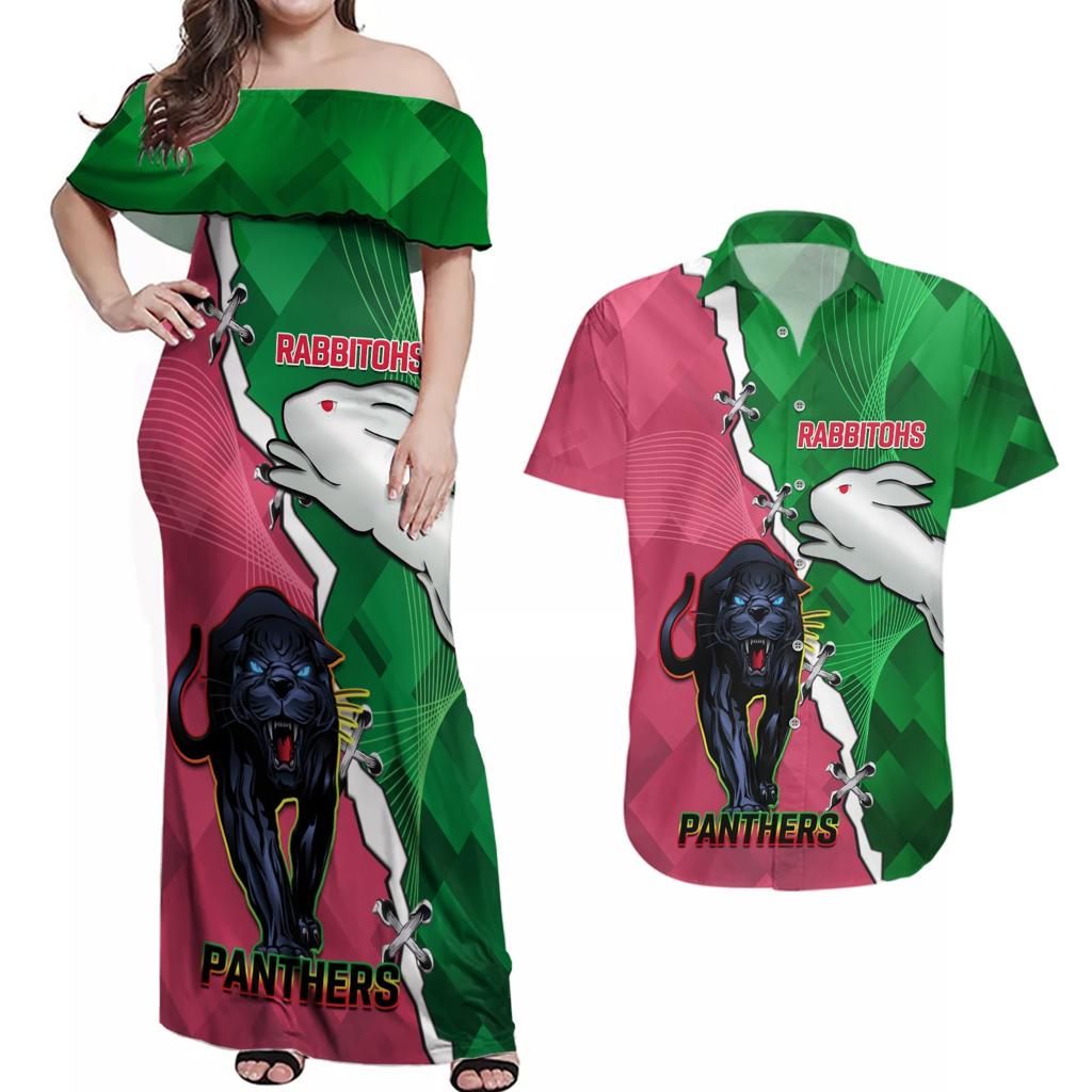 Personalised Panthers And Rabbitohs Rugby Couples Matching Off Shoulder Maxi Dress and Hawaiian Shirt 2024 Souths The Riff Together