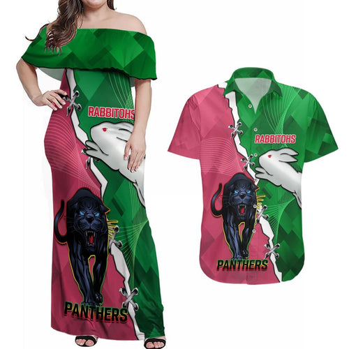 Personalised Panthers And Rabbitohs Rugby Couples Matching Off Shoulder Maxi Dress and Hawaiian Shirt 2024 Souths The Riff Together