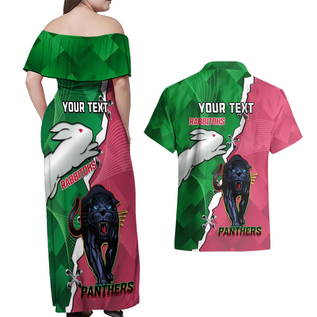 Personalised Panthers And Rabbitohs Rugby Couples Matching Off Shoulder Maxi Dress and Hawaiian Shirt 2024 Souths The Riff Together