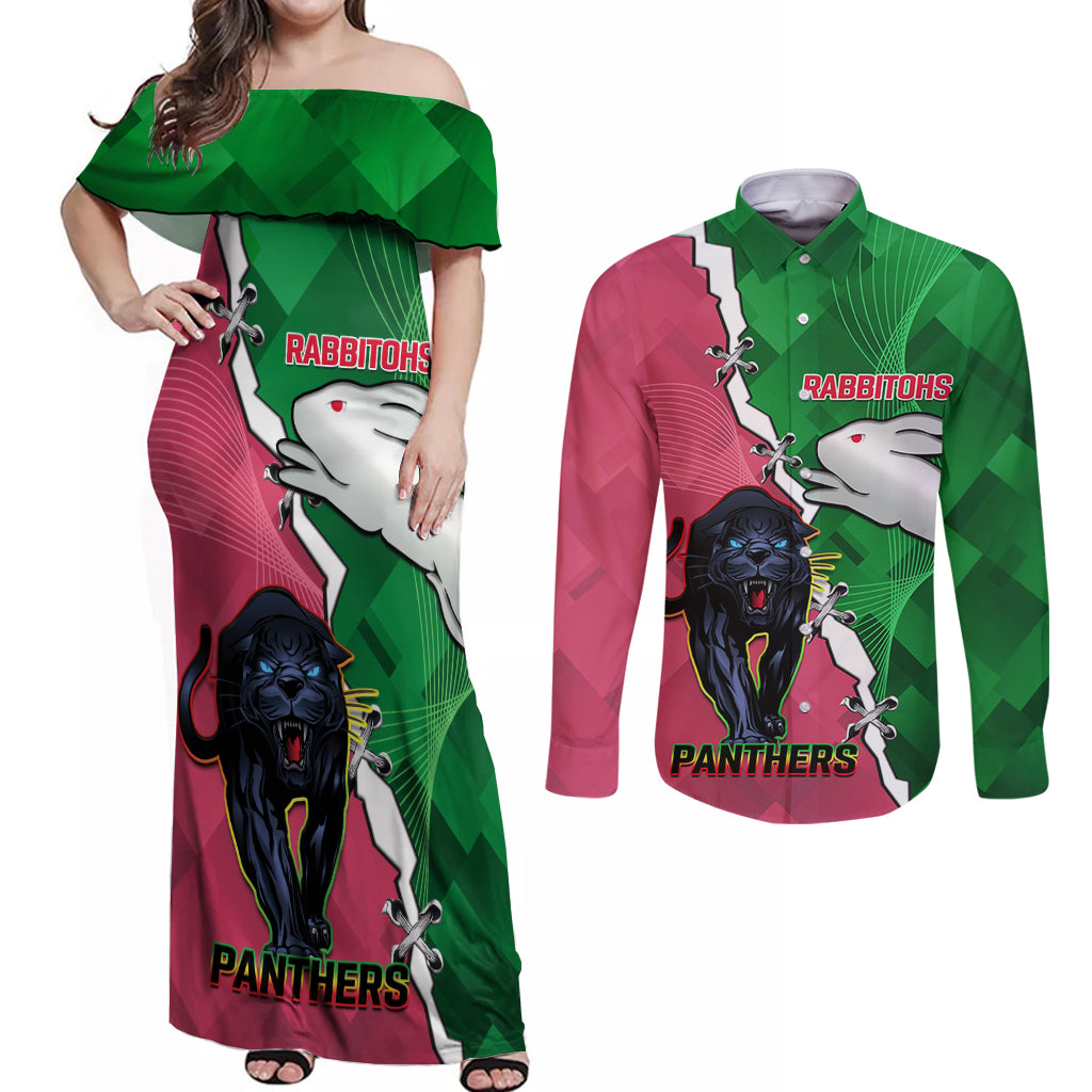 Personalised Panthers And Rabbitohs Rugby Couples Matching Off Shoulder Maxi Dress and Long Sleeve Button Shirt 2024 Souths The Riff Together