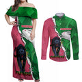 Personalised Panthers And Rabbitohs Rugby Couples Matching Off Shoulder Maxi Dress and Long Sleeve Button Shirt 2024 Souths The Riff Together