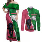 Personalised Panthers And Rabbitohs Rugby Couples Matching Off Shoulder Maxi Dress and Long Sleeve Button Shirt 2024 Souths The Riff Together