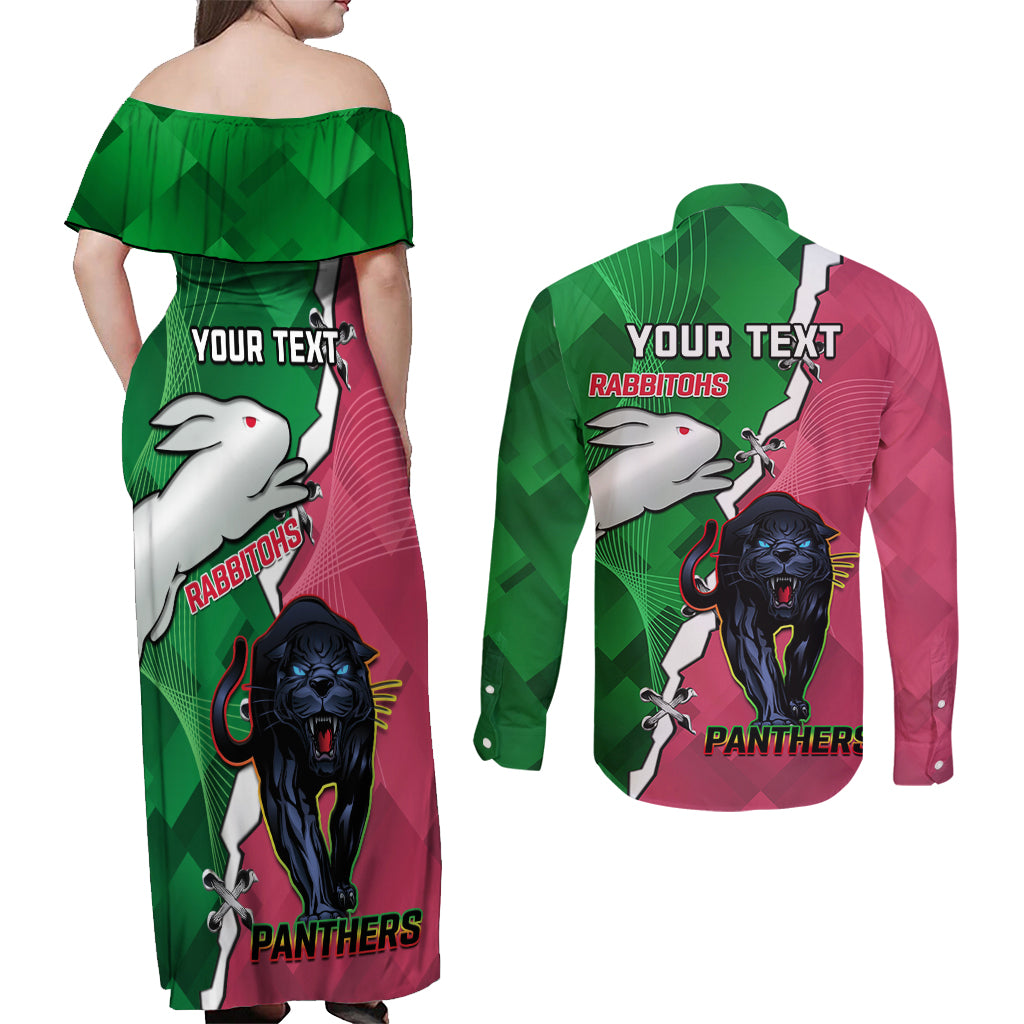 Personalised Panthers And Rabbitohs Rugby Couples Matching Off Shoulder Maxi Dress and Long Sleeve Button Shirt 2024 Souths The Riff Together