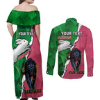 Personalised Panthers And Rabbitohs Rugby Couples Matching Off Shoulder Maxi Dress and Long Sleeve Button Shirt 2024 Souths The Riff Together