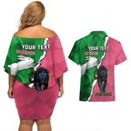 Personalised Panthers And Rabbitohs Rugby Couples Matching Off Shoulder Short Dress and Hawaiian Shirt 2024 Souths The Riff Together