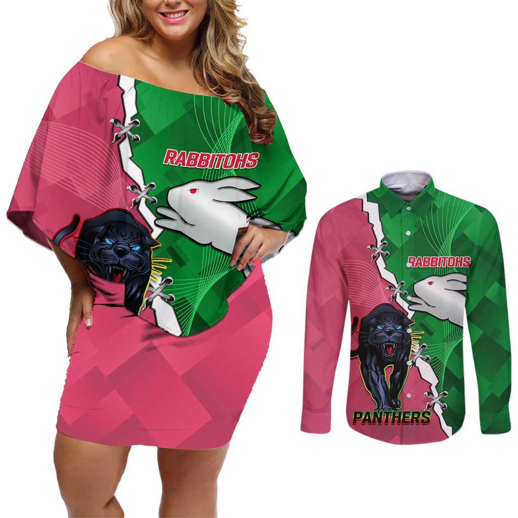 Personalised Panthers And Rabbitohs Rugby Couples Matching Off Shoulder Short Dress and Long Sleeve Button Shirt 2024 Souths The Riff Together
