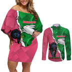 Personalised Panthers And Rabbitohs Rugby Couples Matching Off Shoulder Short Dress and Long Sleeve Button Shirt 2024 Souths The Riff Together