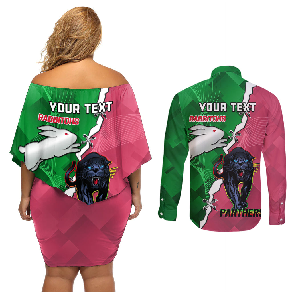 Personalised Panthers And Rabbitohs Rugby Couples Matching Off Shoulder Short Dress and Long Sleeve Button Shirt 2024 Souths The Riff Together