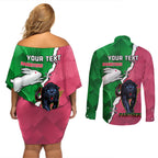 Personalised Panthers And Rabbitohs Rugby Couples Matching Off Shoulder Short Dress and Long Sleeve Button Shirt 2024 Souths The Riff Together