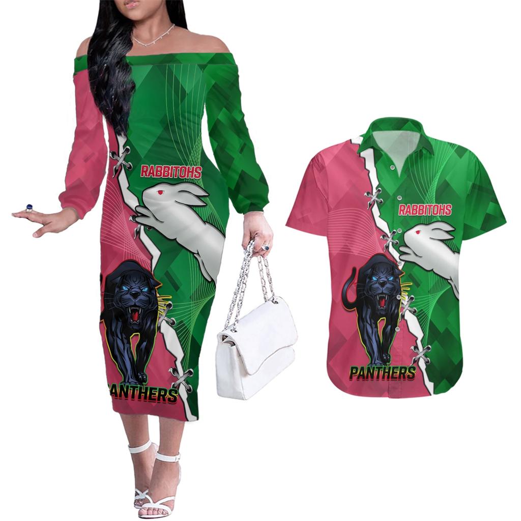 Personalised Panthers And Rabbitohs Rugby Couples Matching Off The Shoulder Long Sleeve Dress and Hawaiian Shirt 2024 Souths The Riff Together