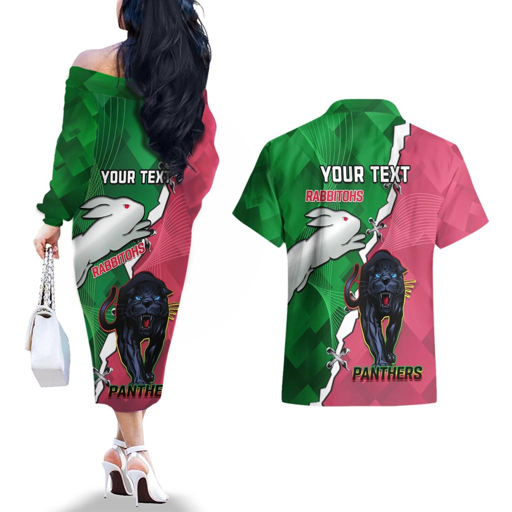Personalised Panthers And Rabbitohs Rugby Couples Matching Off The Shoulder Long Sleeve Dress and Hawaiian Shirt 2024 Souths The Riff Together