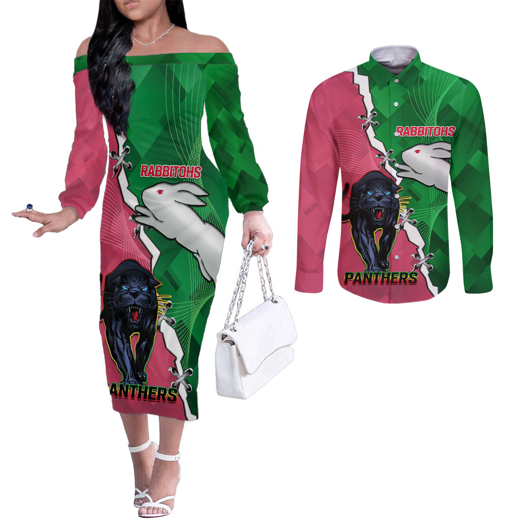 Personalised Panthers And Rabbitohs Rugby Couples Matching Off The Shoulder Long Sleeve Dress and Long Sleeve Button Shirt 2024 Souths The Riff Together