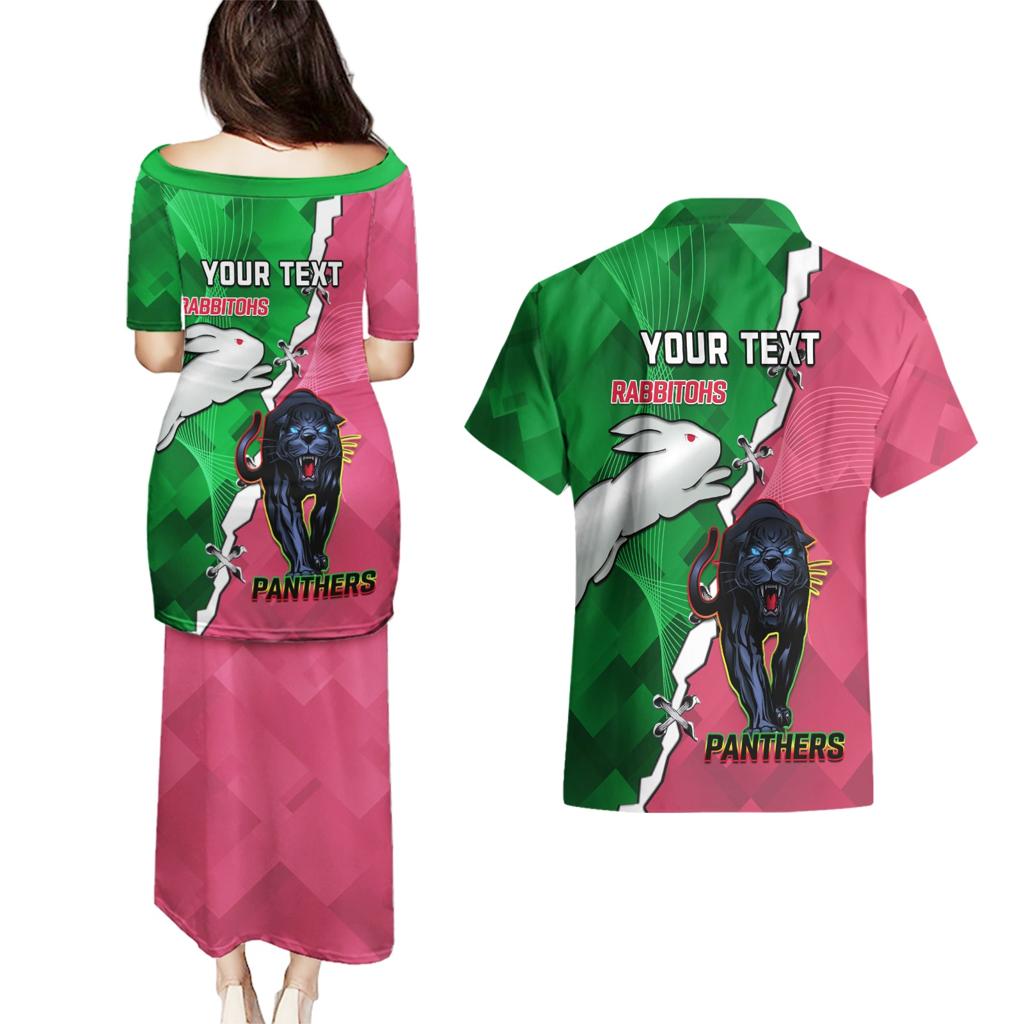 Personalised Panthers And Rabbitohs Rugby Couples Matching Puletasi and Hawaiian Shirt 2024 Souths The Riff Together