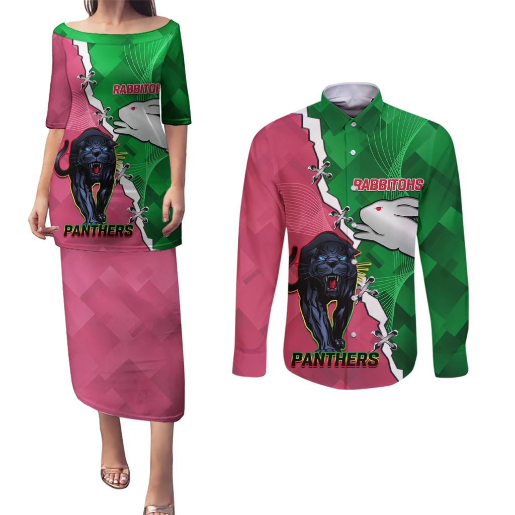 Personalised Panthers And Rabbitohs Rugby Couples Matching Puletasi and Long Sleeve Button Shirt 2024 Souths The Riff Together