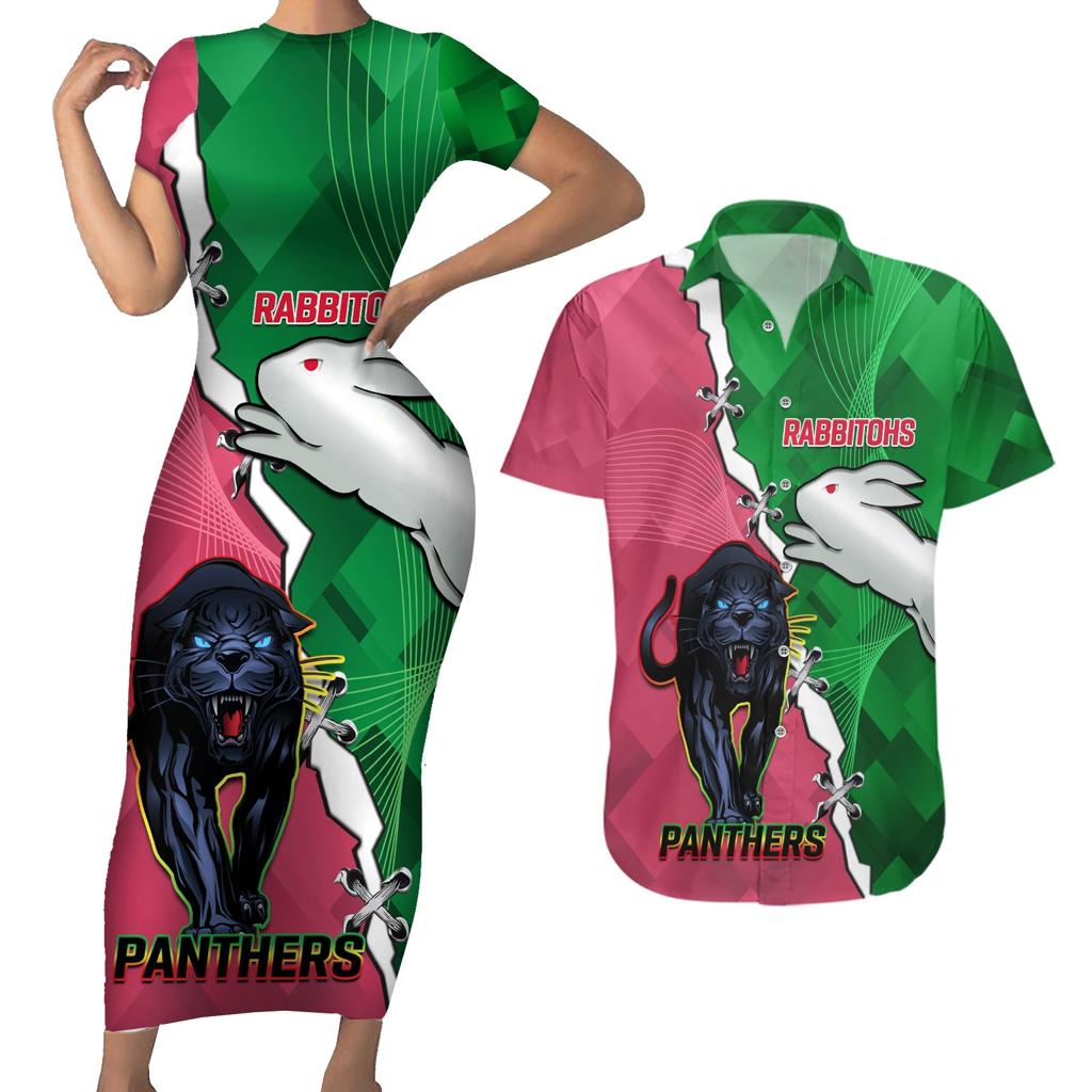Personalised Panthers And Rabbitohs Rugby Couples Matching Short Sleeve Bodycon Dress and Hawaiian Shirt 2024 Souths The Riff Together