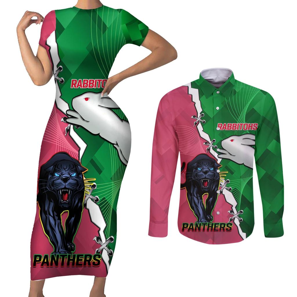 Personalised Panthers And Rabbitohs Rugby Couples Matching Short Sleeve Bodycon Dress and Long Sleeve Button Shirt 2024 Souths The Riff Together