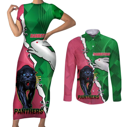 Personalised Panthers And Rabbitohs Rugby Couples Matching Short Sleeve Bodycon Dress and Long Sleeve Button Shirt 2024 Souths The Riff Together