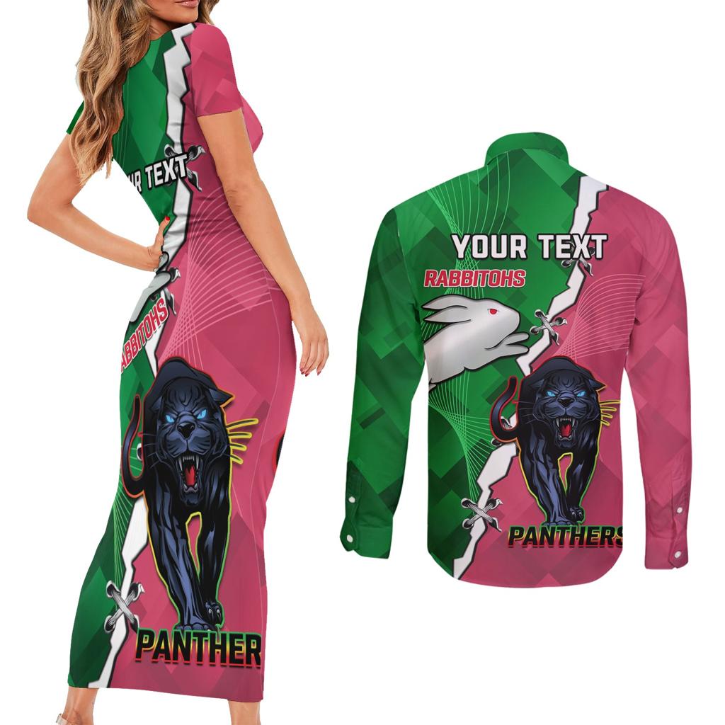 Personalised Panthers And Rabbitohs Rugby Couples Matching Short Sleeve Bodycon Dress and Long Sleeve Button Shirt 2024 Souths The Riff Together