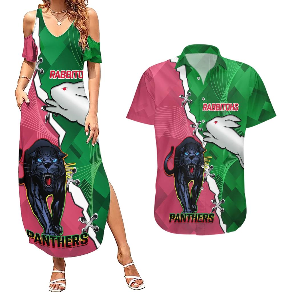 Personalised Panthers And Rabbitohs Rugby Couples Matching Summer Maxi Dress and Hawaiian Shirt 2024 Souths The Riff Together