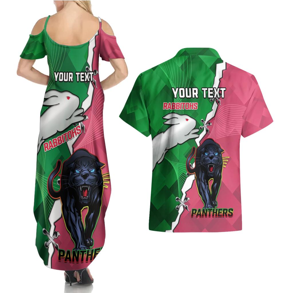 Personalised Panthers And Rabbitohs Rugby Couples Matching Summer Maxi Dress and Hawaiian Shirt 2024 Souths The Riff Together