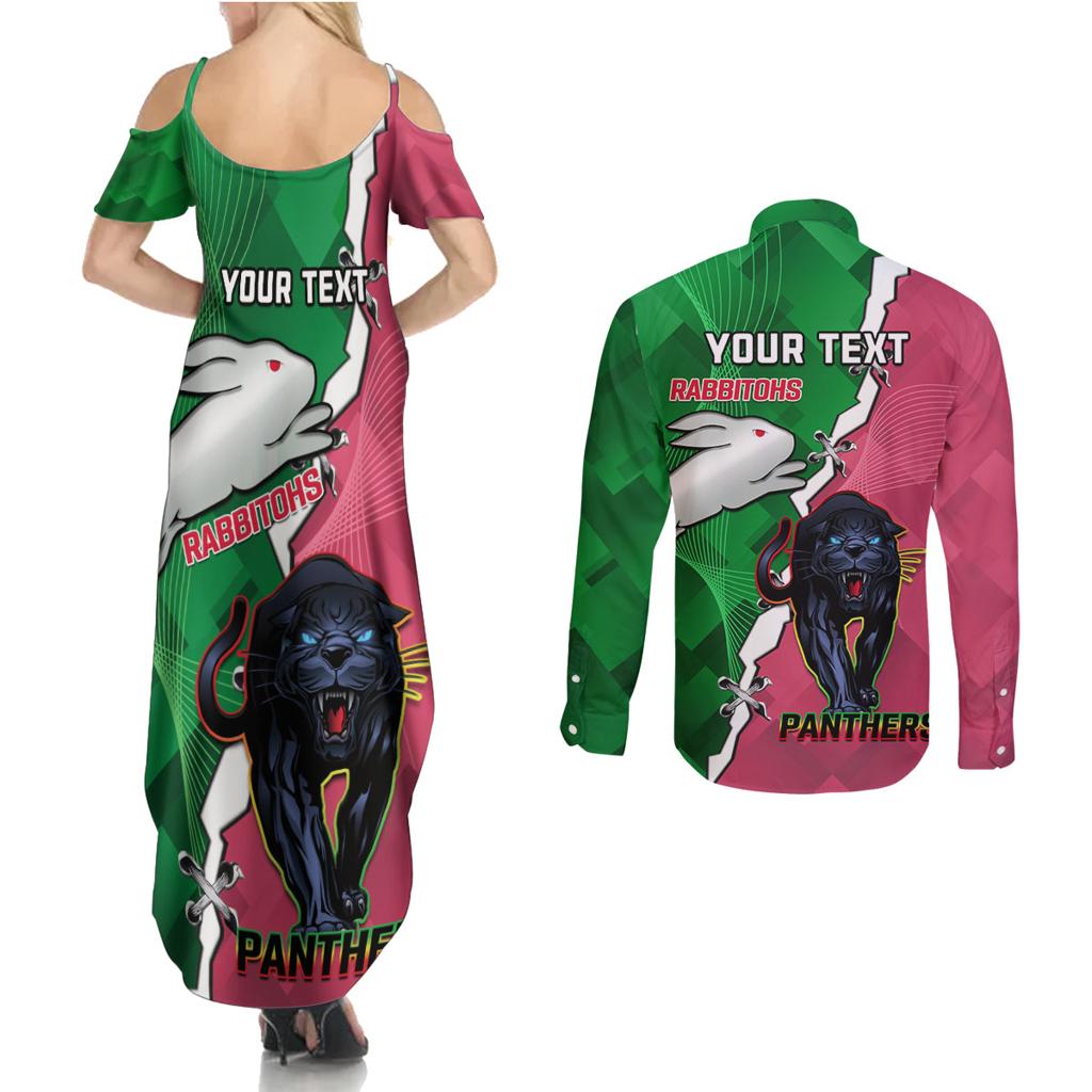 Personalised Panthers And Rabbitohs Rugby Couples Matching Summer Maxi Dress and Long Sleeve Button Shirt 2024 Souths The Riff Together