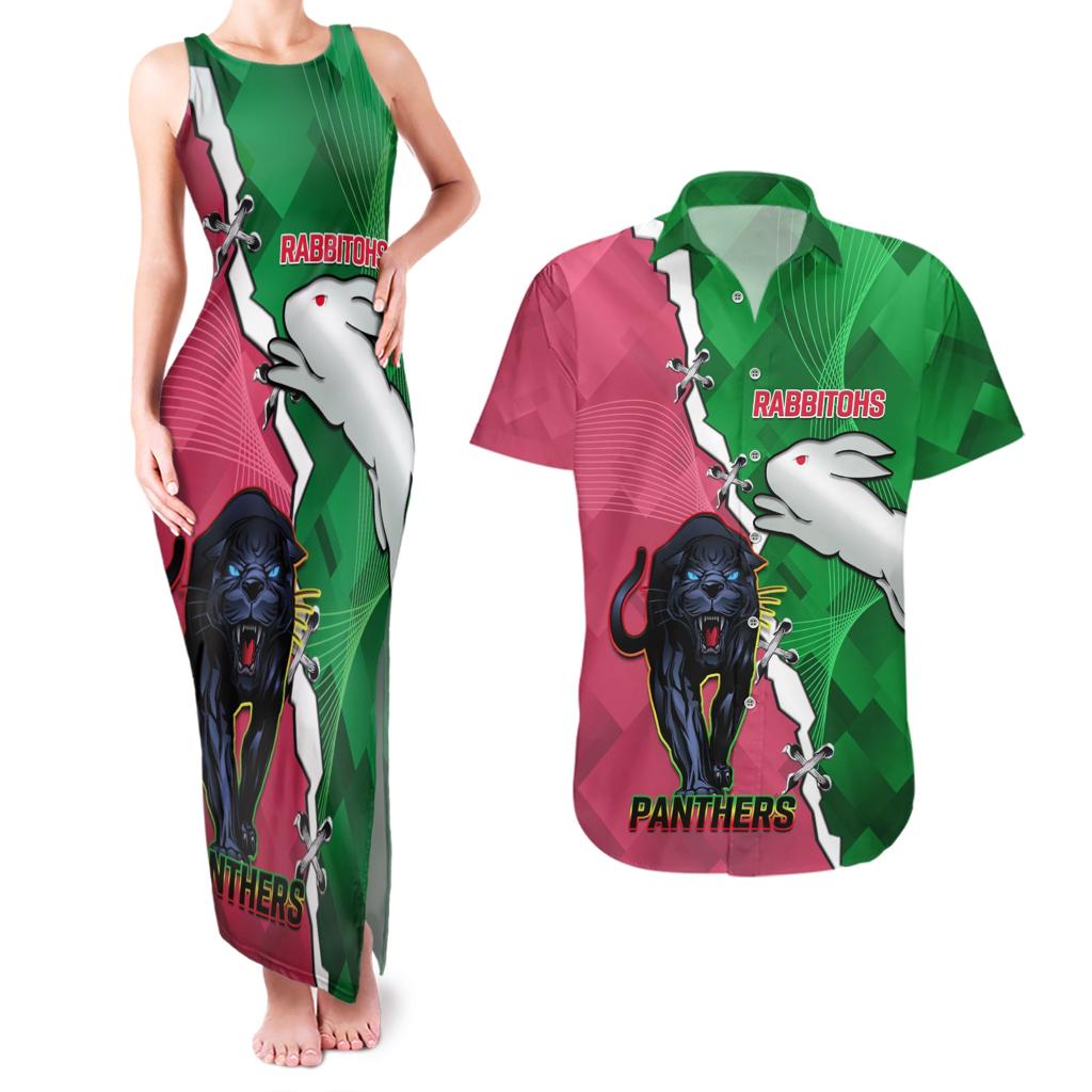 Personalised Panthers And Rabbitohs Rugby Couples Matching Tank Maxi Dress and Hawaiian Shirt 2024 Souths The Riff Together