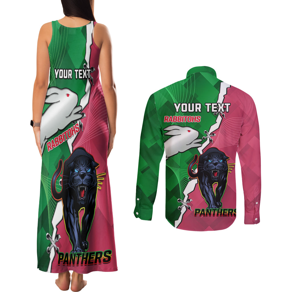 Personalised Panthers And Rabbitohs Rugby Couples Matching Tank Maxi Dress and Long Sleeve Button Shirt 2024 Souths The Riff Together