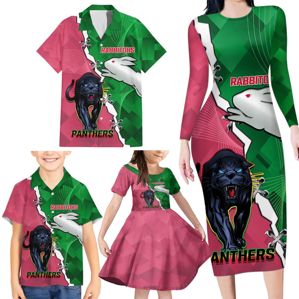 Personalised Panthers And Rabbitohs Rugby Family Matching Long Sleeve Bodycon Dress and Hawaiian Shirt 2024 Souths The Riff Together