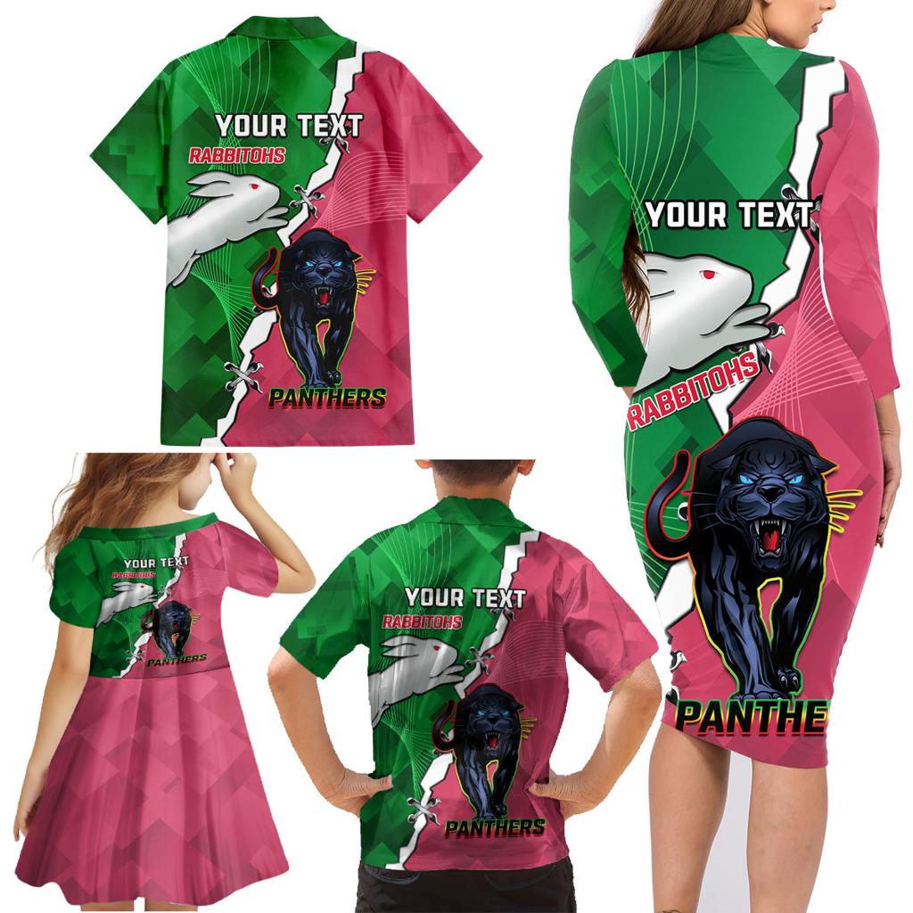 Personalised Panthers And Rabbitohs Rugby Family Matching Long Sleeve Bodycon Dress and Hawaiian Shirt 2024 Souths The Riff Together