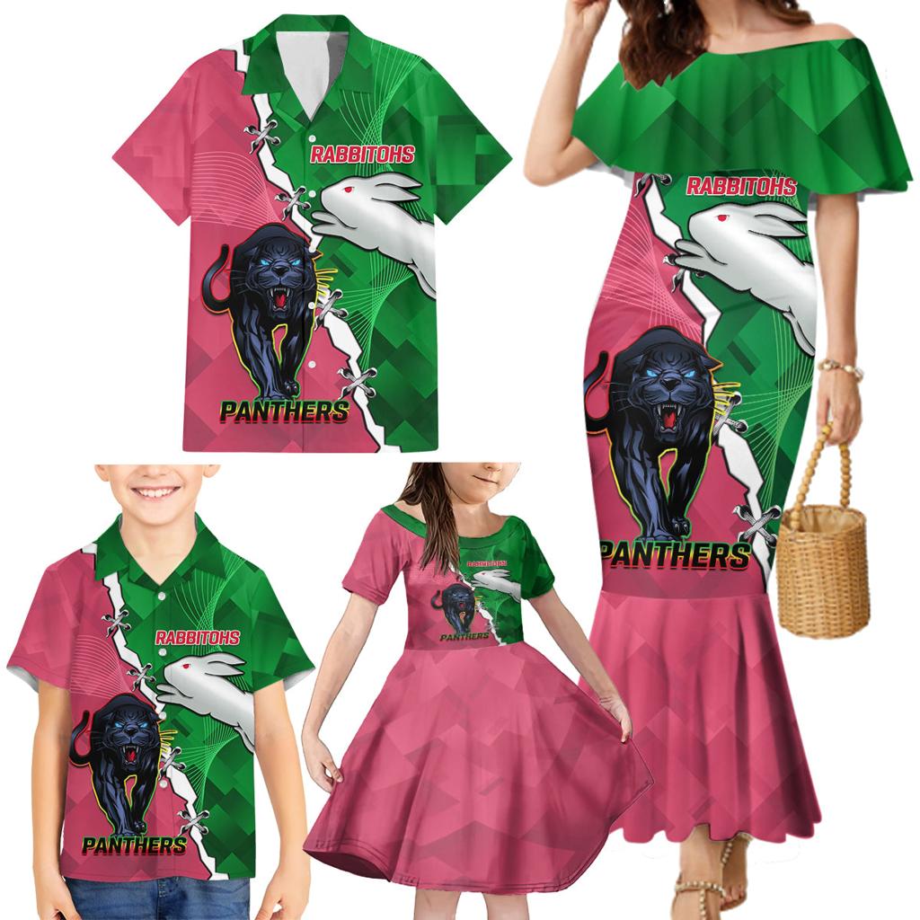 Personalised Panthers And Rabbitohs Rugby Family Matching Mermaid Dress and Hawaiian Shirt 2024 Souths The Riff Together
