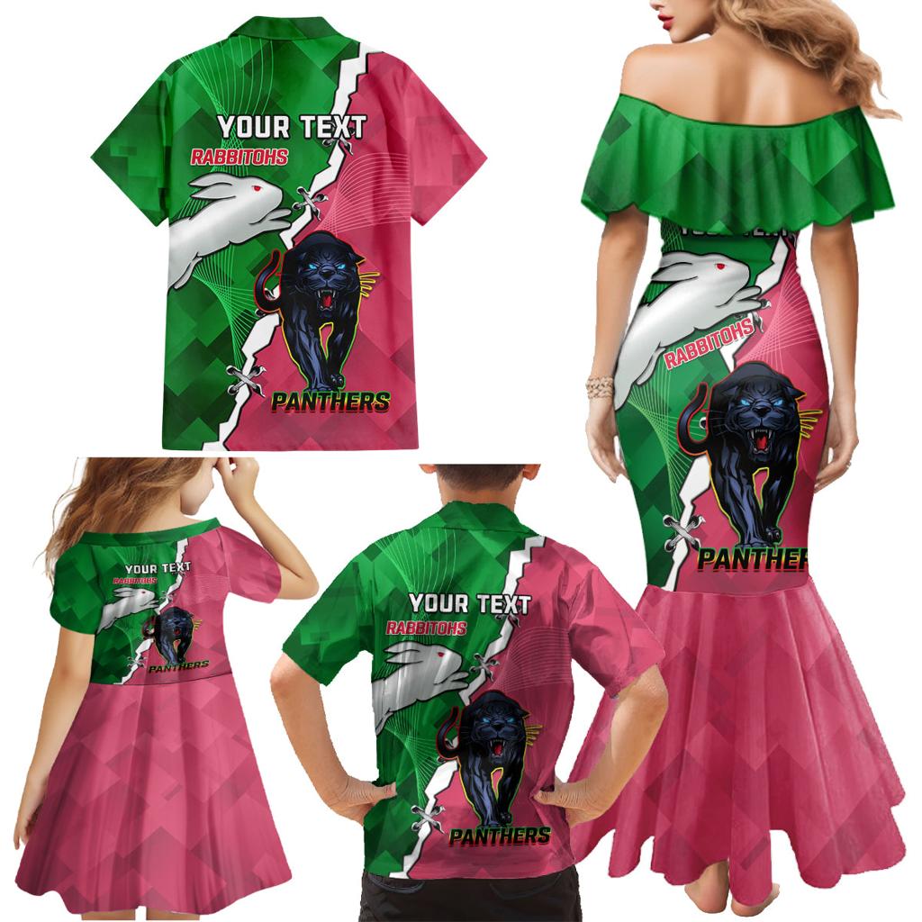 Personalised Panthers And Rabbitohs Rugby Family Matching Mermaid Dress and Hawaiian Shirt 2024 Souths The Riff Together