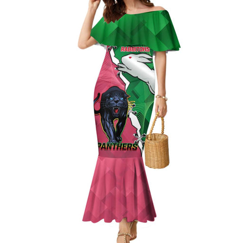 Personalised Panthers And Rabbitohs Rugby Family Matching Mermaid Dress and Hawaiian Shirt 2024 Souths The Riff Together