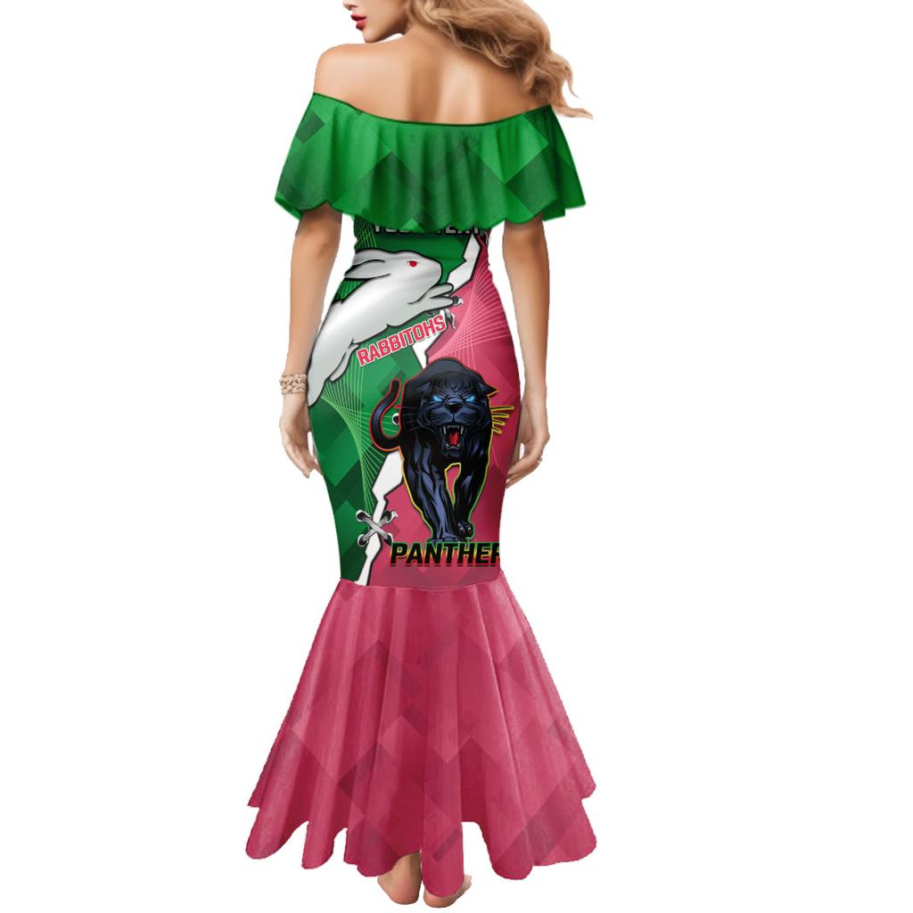 Personalised Panthers And Rabbitohs Rugby Family Matching Mermaid Dress and Hawaiian Shirt 2024 Souths The Riff Together