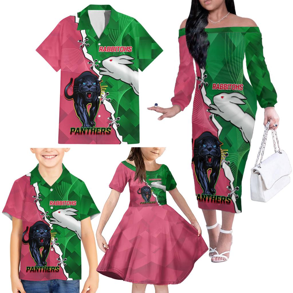 Personalised Panthers And Rabbitohs Rugby Family Matching Off The Shoulder Long Sleeve Dress and Hawaiian Shirt 2024 Souths The Riff Together