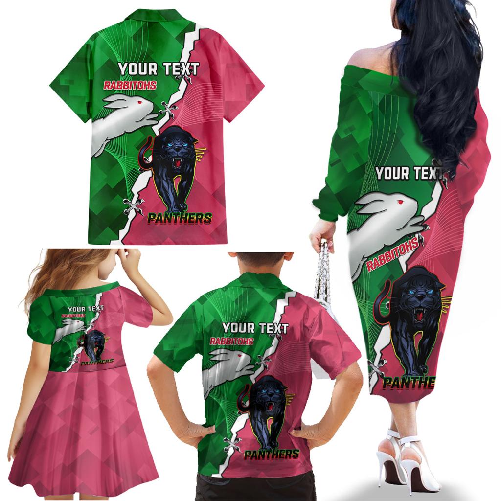 Personalised Panthers And Rabbitohs Rugby Family Matching Off The Shoulder Long Sleeve Dress and Hawaiian Shirt 2024 Souths The Riff Together