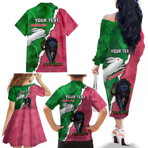 Personalised Panthers And Rabbitohs Rugby Family Matching Off The Shoulder Long Sleeve Dress and Hawaiian Shirt 2024 Souths The Riff Together