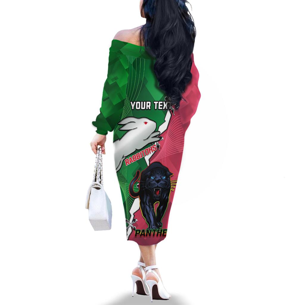 Personalised Panthers And Rabbitohs Rugby Family Matching Off The Shoulder Long Sleeve Dress and Hawaiian Shirt 2024 Souths The Riff Together