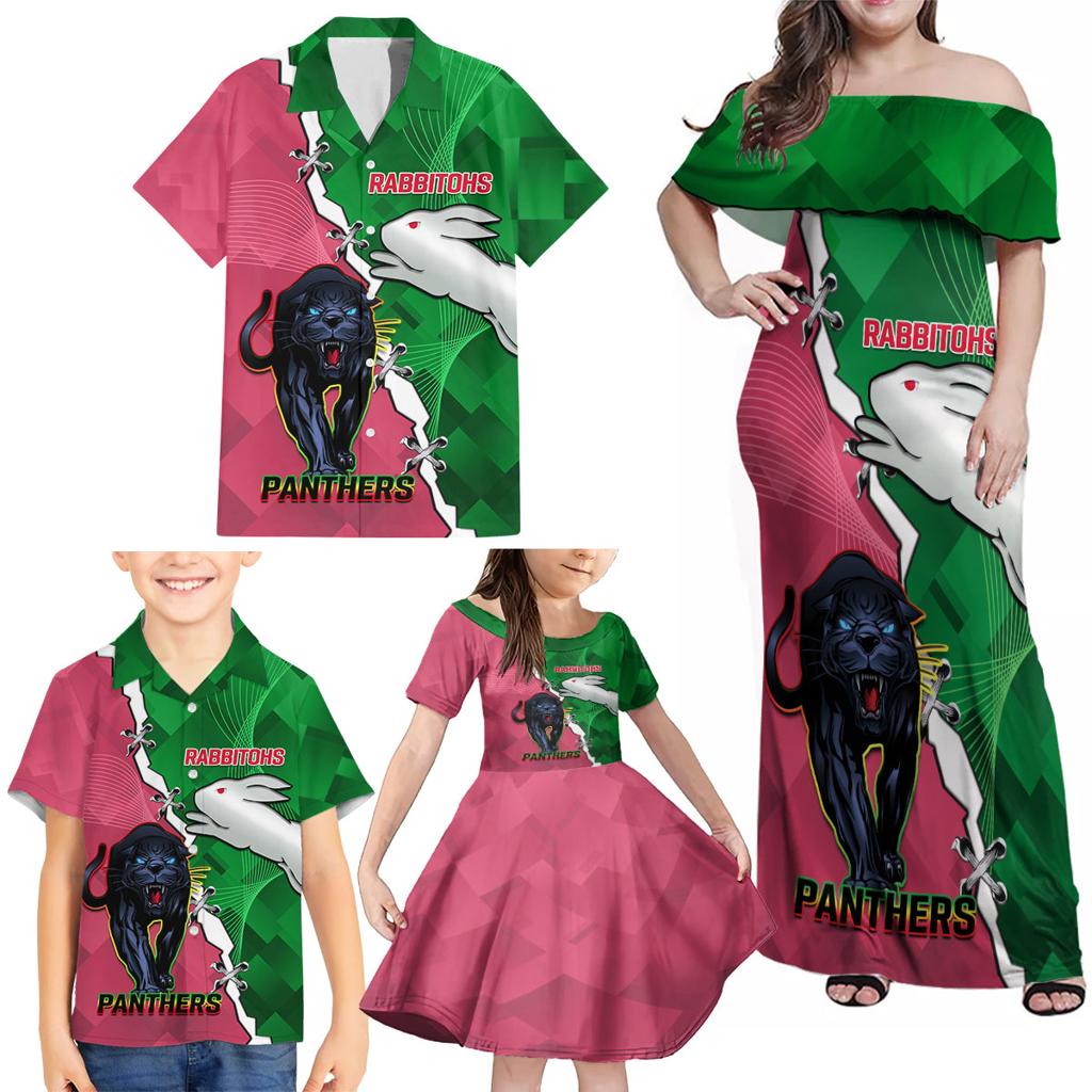 Personalised Panthers And Rabbitohs Rugby Family Matching Off Shoulder Maxi Dress and Hawaiian Shirt 2024 Souths The Riff Together