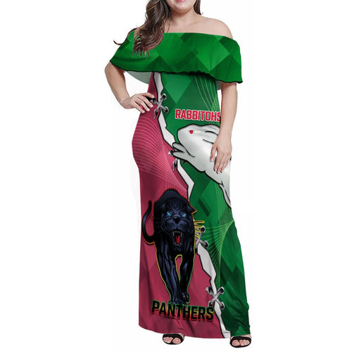 Personalised Panthers And Rabbitohs Rugby Family Matching Off Shoulder Maxi Dress and Hawaiian Shirt 2024 Souths The Riff Together
