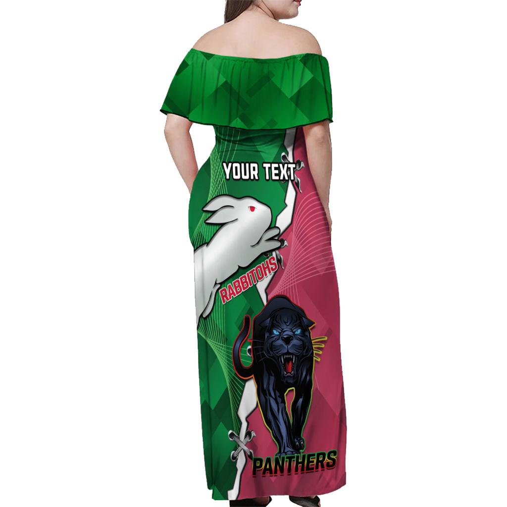 Personalised Panthers And Rabbitohs Rugby Family Matching Off Shoulder Maxi Dress and Hawaiian Shirt 2024 Souths The Riff Together