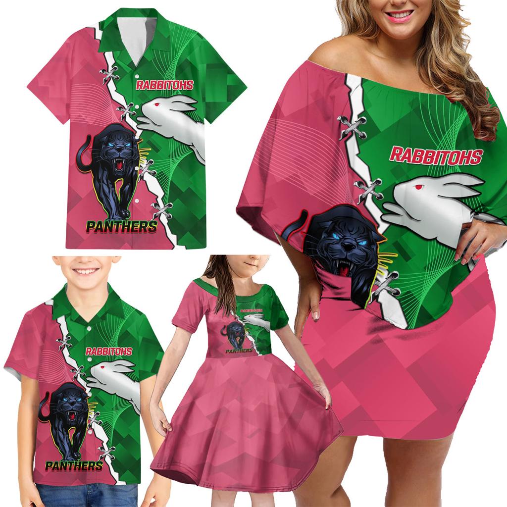 Personalised Panthers And Rabbitohs Rugby Family Matching Off Shoulder Short Dress and Hawaiian Shirt 2024 Souths The Riff Together