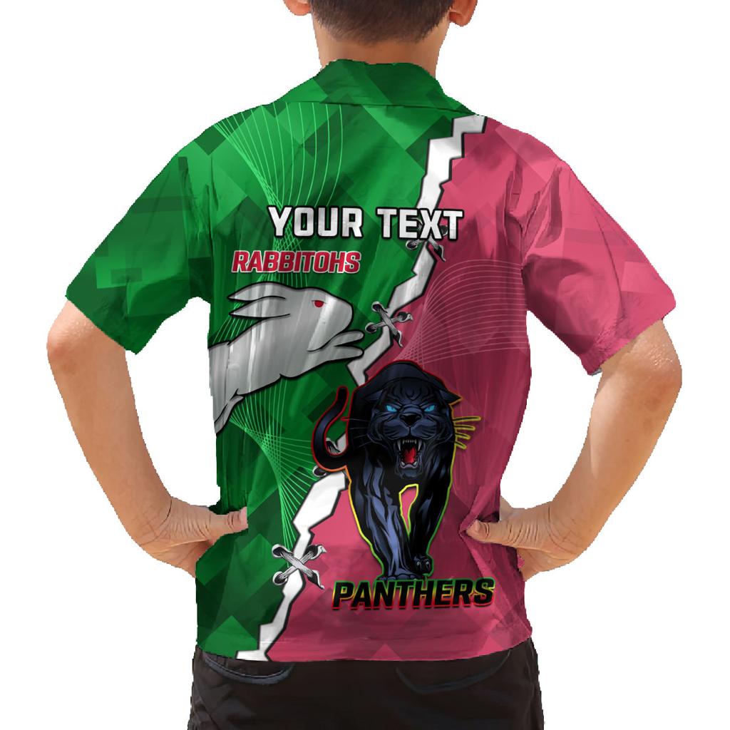 Personalised Panthers And Rabbitohs Rugby Family Matching Off Shoulder Short Dress and Hawaiian Shirt 2024 Souths The Riff Together