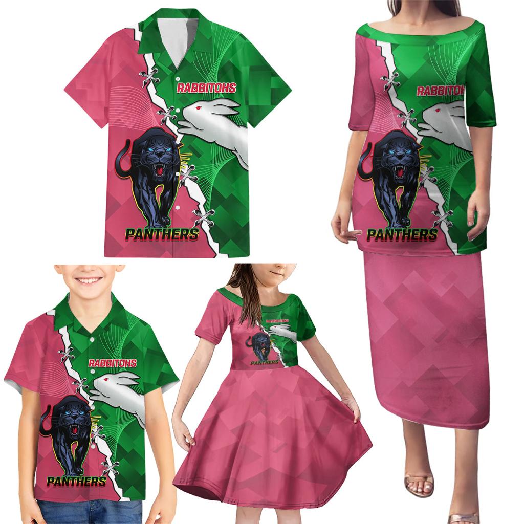 Personalised Panthers And Rabbitohs Rugby Family Matching Puletasi and Hawaiian Shirt 2024 Souths The Riff Together