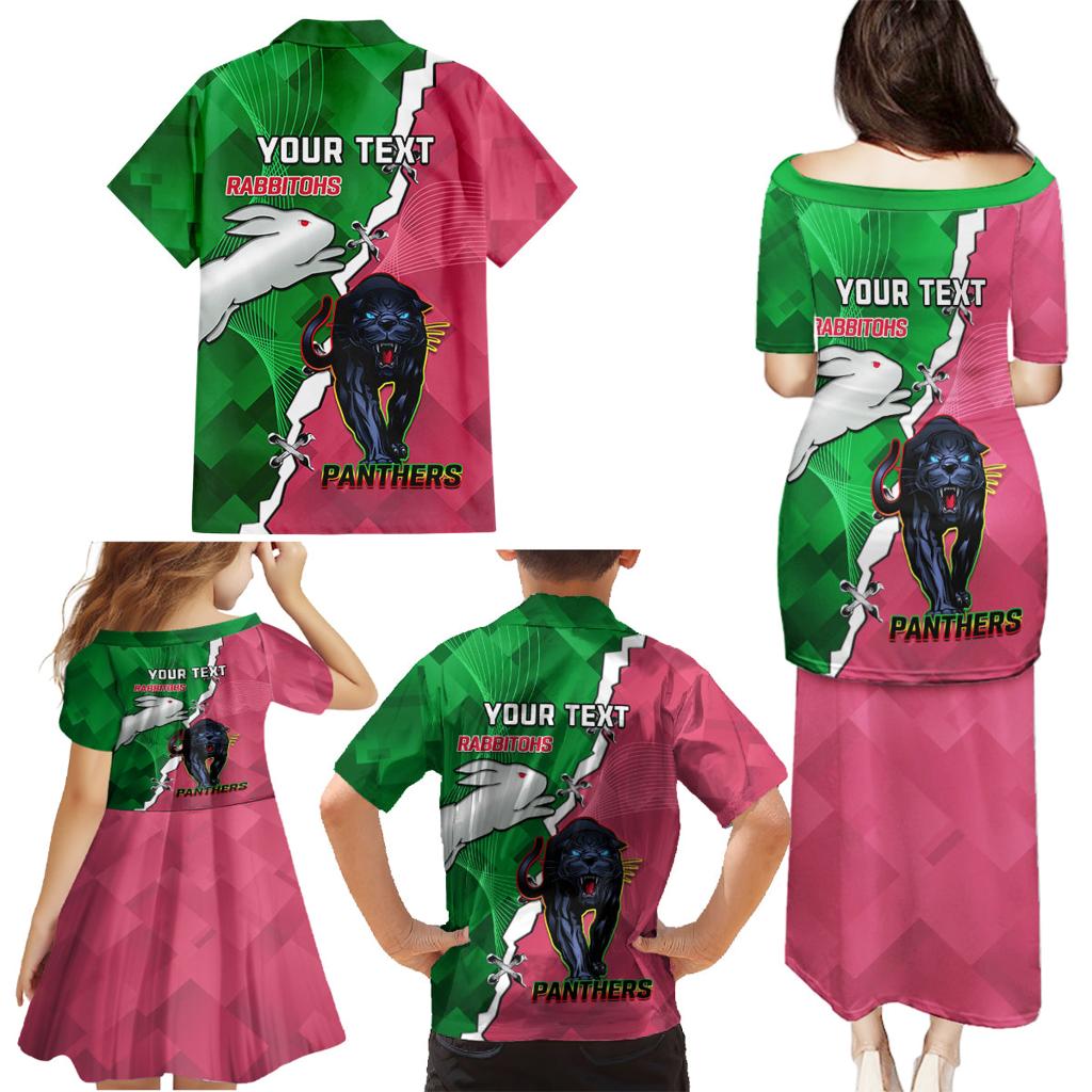 Personalised Panthers And Rabbitohs Rugby Family Matching Puletasi and Hawaiian Shirt 2024 Souths The Riff Together